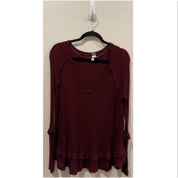 WE THE FREE Burgundy Thermal Long Sleeve V-Neck Top - Picture 5 of 8